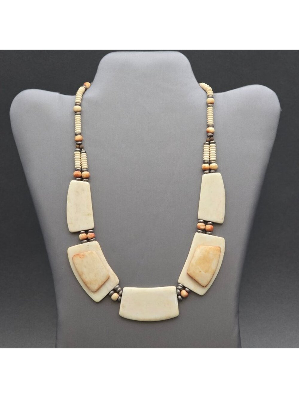 Vintage Southwestern Carved Bovine Bone Bib Statement Necklace 18"